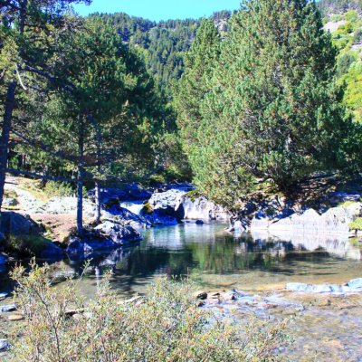 Fluss La Noguera Pallaresa im Tal Valle de Aran Wanderung am Fluss